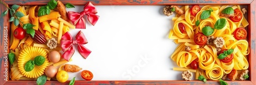 Close-up shot of a vibrant frame made of colorful bowtie pasta, ideal for showcasing culinary creations or adding whimsy to designs, bowtie, culinary