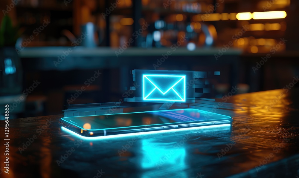 Glowing neon email icon hovers above a sleek futuristic smartphone on a dark surface