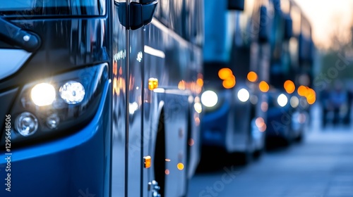 Dramatic closeup of public transportation buses lined up brightly lit against the evening backdrop : Generative AI