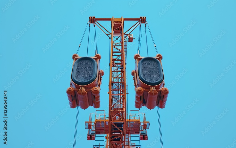 Tower Crane with Big Speaker Against Blue Sky Background