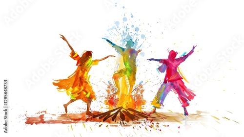 People Dancing Around Bonfire Celebrating Happy Holi Isolated on White Background