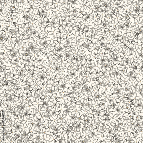 Seamless pattern with blooming lilac. Blue vector drawing. Vintage flowering background. Millefleurs trend.