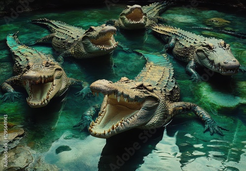 Group of crocodiles displaying fierce expressions in a serene water environment, showcasing their powerful jaws and scaly textures in a vibrant natural setting