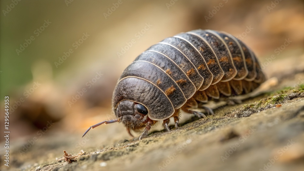 Rollie Polie Bug on Wood: Detailed macro shot of a pill bug crawling on a textured wooden surface, capturing the intricate details of the creature's segmented body. Rollie Polie Bug on Wood: Detailed macro shot of a pill bug crawling on a textured wooden surface, capturing the intricate details of the creature's segmented body.