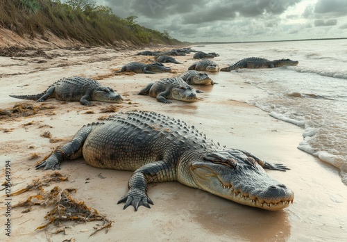Group of crocodiles resting on sandy beach near water under cloudy sky, showcasing nature's wildlife in serene environment