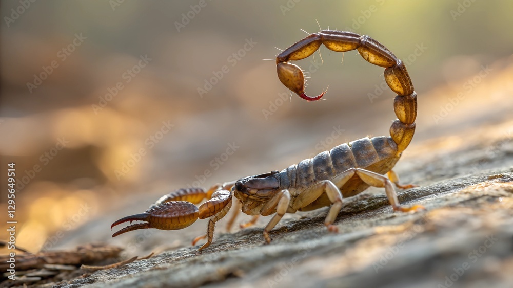 Deadly Desert Hunter: A detailed macro shot captures a formidable scorpion, showcasing its armored body, menacing pincers, and curled stinger in a dramatic, sun-drenched scene. Deadly Desert Hunter: A detailed macro shot captures a formidable scorpion, showcasing its armored body, menacing pincers, and curled stinger in a dramatic, sun-drenched scene.