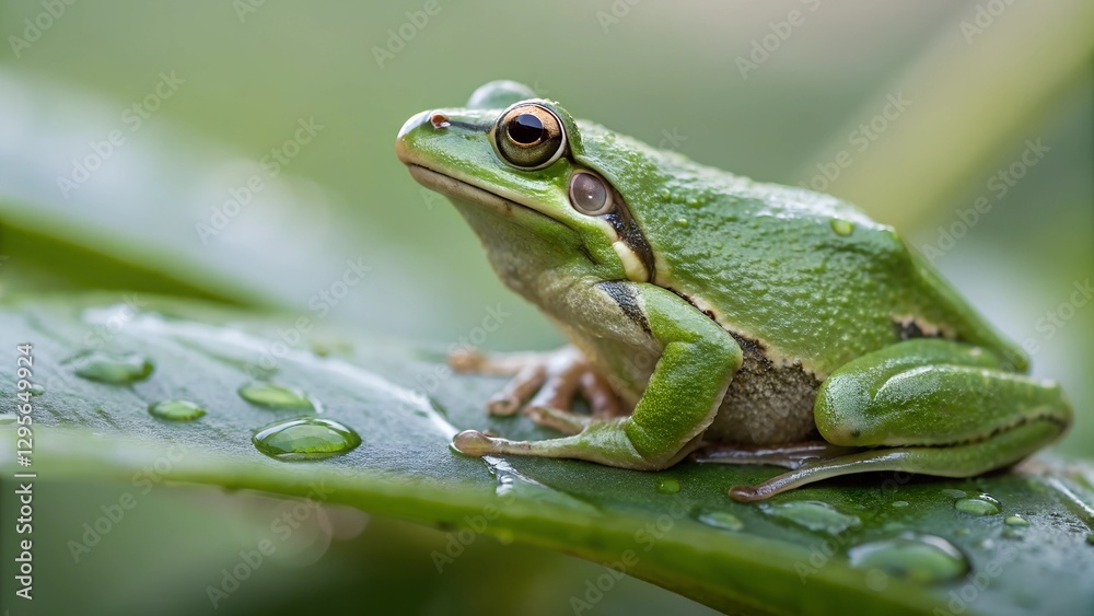 Jade Sentinel: A vibrant green frog with a delicate build perches gracefully on a lush, water-kissed leaf. Jade Sentinel: A vibrant green frog with a delicate build perches gracefully on a lush, water-kissed leaf.