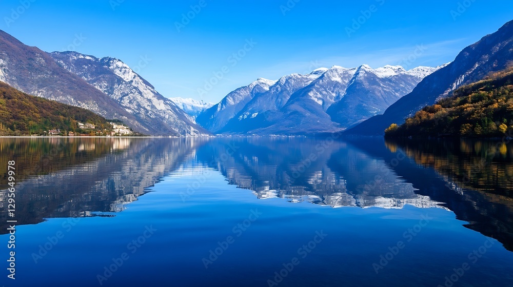 Breathtaking mountain landscape reflected in clear blue lake under sunny sky : Generative AI Breathtaking mountain landscape reflected in clear blue lake under sunny sky : Generative AI