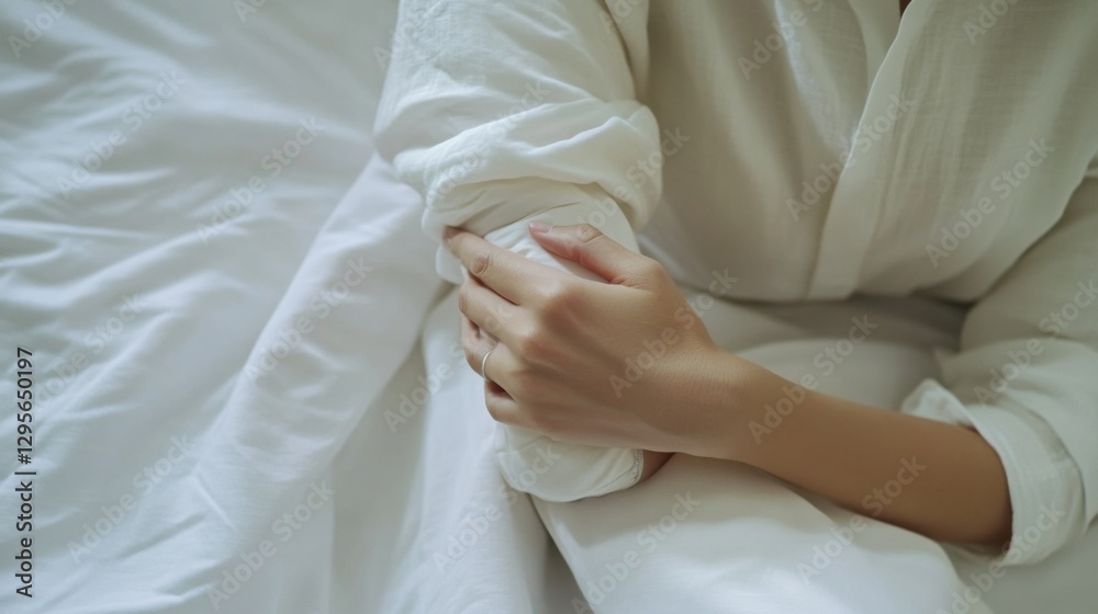 A person with an elbow injury applying a heat compress in a minimalist bedroom. Featuring comfort and healing A person with an elbow injury applying a heat compress in a minimalist bedroom. Featuring comfort and healing