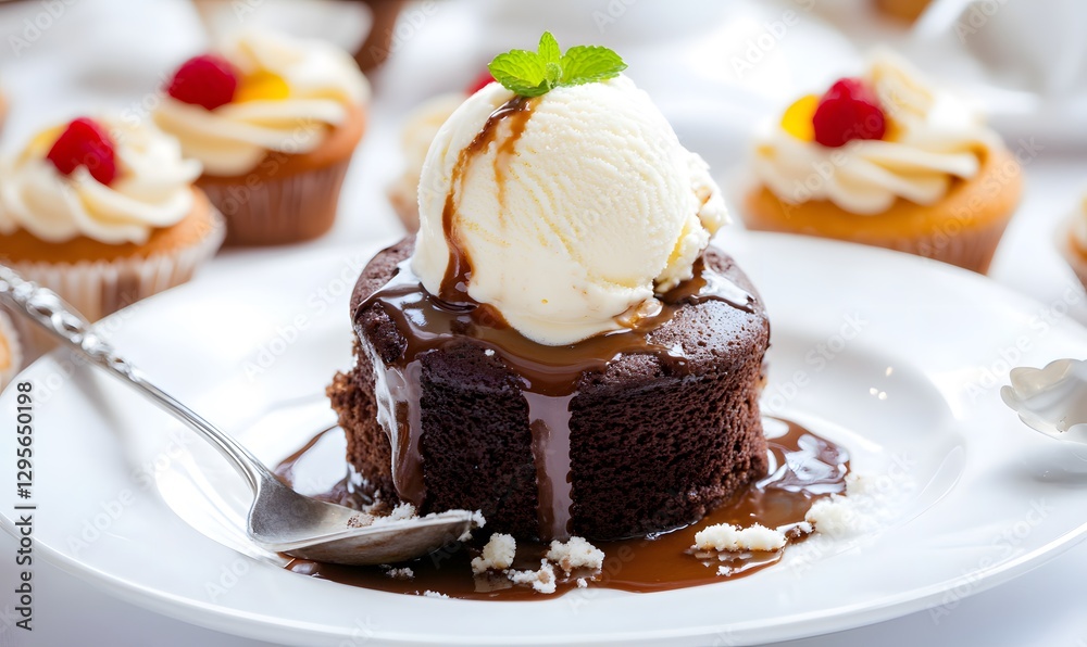 a chocolate lava cake with a scoop of vanilla ice cream on top, Generative AI a chocolate lava cake with a scoop of vanilla ice cream on top, Generative AI