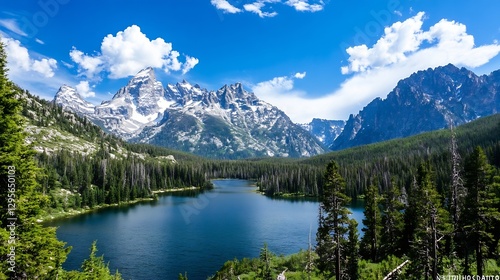 Magnificent mountain landscape featuring a serene lake surrounded by lush forests and towering peaks : Generative AI