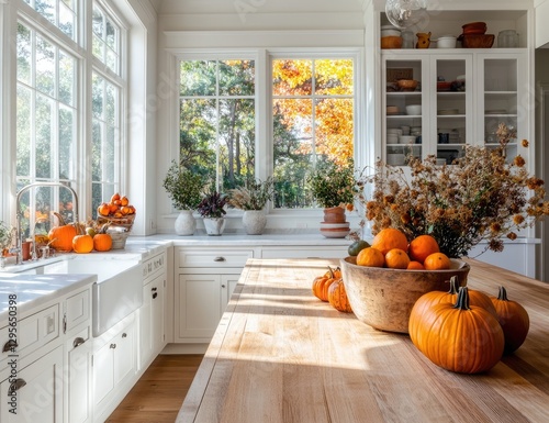 Autumnal kitchen interior with pumpkins and fall decor