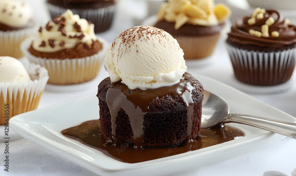 a chocolate lava cake with a scoop of vanilla ice cream on top, Generative AI