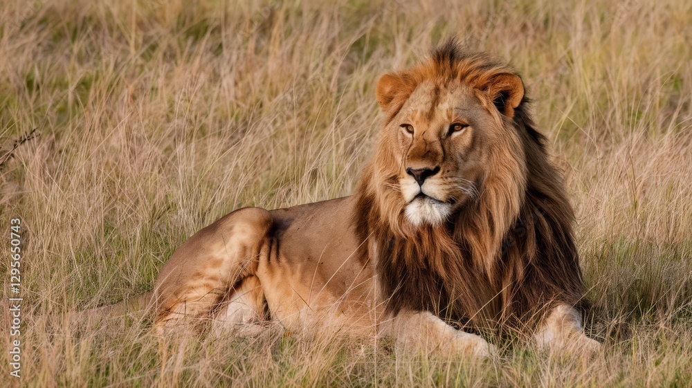 Panoramic View of a Male Lion on the Savannah Panoramic View of a Male Lion on the Savannah
