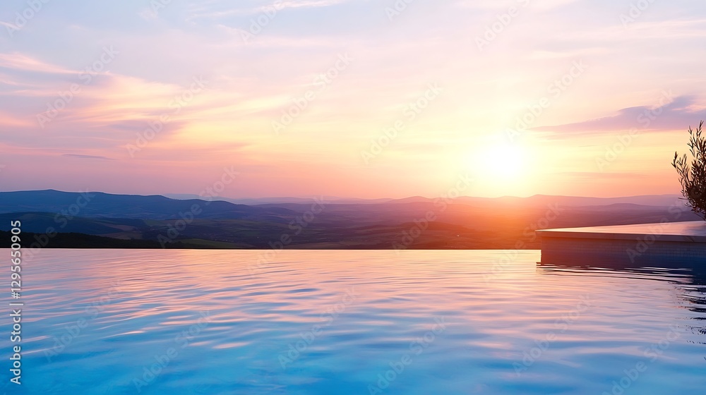 Stunning View of Infinity Pool at Sunset with Mountains in the Distance : Generative AI Stunning View of Infinity Pool at Sunset with Mountains in the Distance : Generative AI