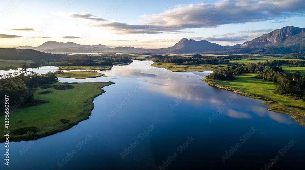 Fototapeta premium Aerial View of a Serene Lake Surrounded by Lush Greenery and Majestic Mountains : Generative AI