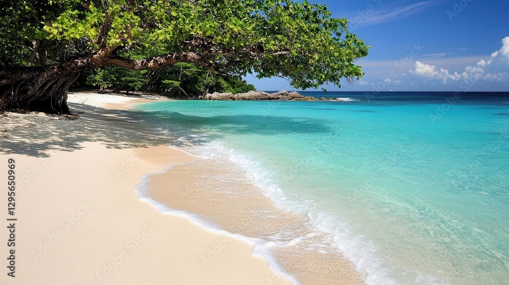 Fototapeta premium Tranquil Beach Scene Turquoise Water White Sand Lush Tree