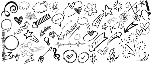 Simple sketch line style elements. ute Doodle pen line elements.Doodle arrow, heart, star, decoration symbol, icon set. Hand drawn sketch doodle cute star, emphasis, flower element.Vector illustration