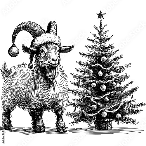 Goat Christmas line art drawing ink sketch vector hand drawn illustration background