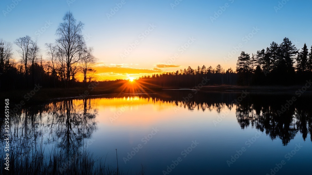 Stunning sunset reflection on a calm lake with silhouettes of trees and nature : Generative AI Stunning sunset reflection on a calm lake with silhouettes of trees and nature : Generative AI