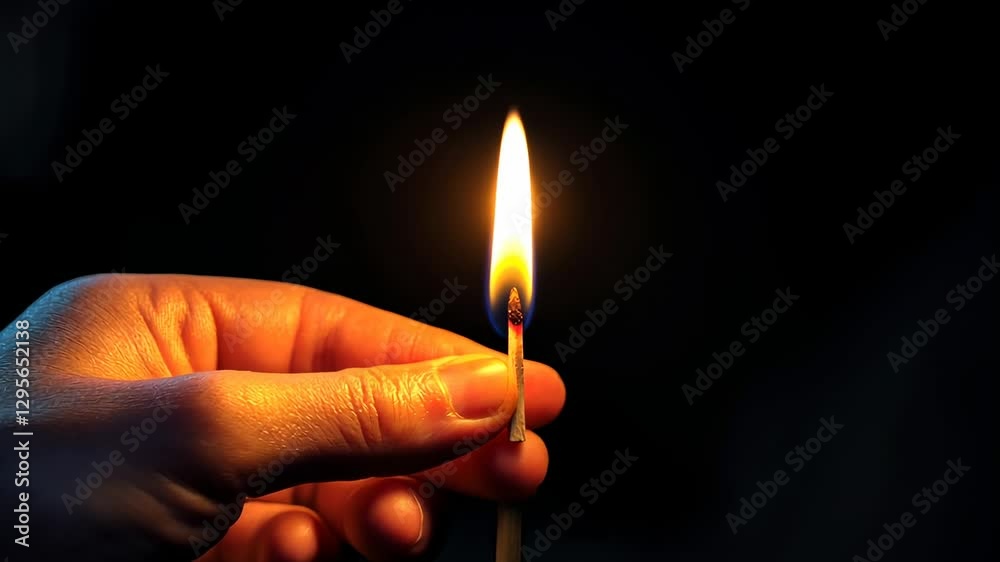 A Lit Matchstick Held in a Hand Against a Dark Background A Lit Matchstick Held in a Hand Against a Dark Background