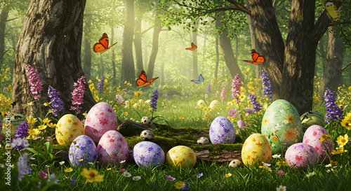 Decorated Easter Eggs in Sunny Forest Glade with Flying Butterflies