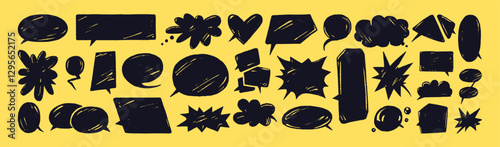 Doodle speech bubbles set. Hand drawn talk clouds with different shapes. Various forms of text box of chat, conversation, thoughts. Online communication, dialogue. Flat isolated vector illustrations