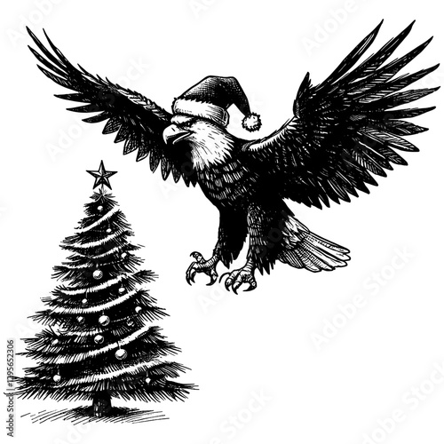 Eagle Christmas line art drawing ink sketch vector hand drawn illustration background