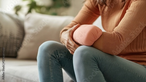 A person with an elbow injury applying a hot compress in a serene living room. Featuring relaxation and pain relief