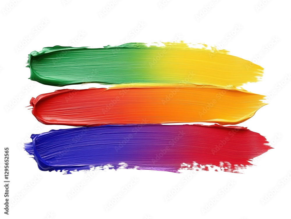 Obraz premium Three colorful paint strokes in vibrant green, yellow, orange, red, and purple, showcasing artistic texture and bold hues.