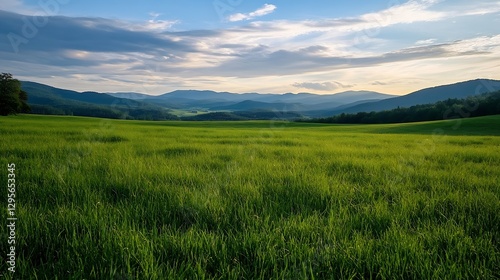 Vast Landscape of Lush Green Grass Under a Bright Sky with Gentle Rolling Mountains in the Background : Generative AI