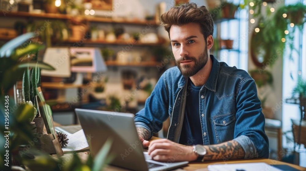 Young man with tattoos works on a laptop at a wooden desk in a plant-filled room.