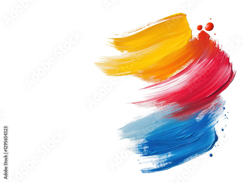 A vibrant swirl of colors featuring red, yellow, and blue brush strokes creating a dynamic visual effect.