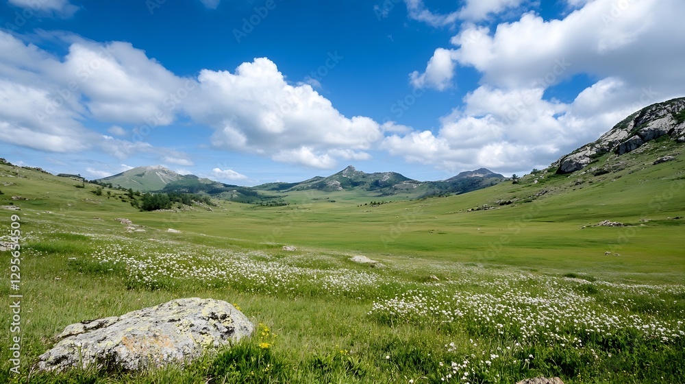 Fototapeta premium Lush green valley with rolling hills and white clouds under bright blue sky : Generative AI