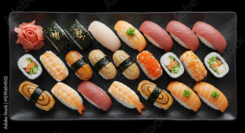 Assorted Sushi Platter Featuring Nigiri, Maki and Tamago Sushi Selection