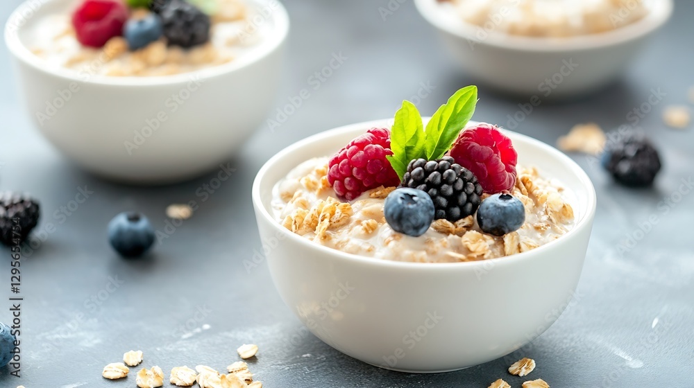 Healthy Oatmeal Bowl with Fresh Berries and Mint Garnish Perfect for Breakfast or Snack : Generative AI Healthy Oatmeal Bowl with Fresh Berries and Mint Garnish Perfect for Breakfast or Snack : Generative AI