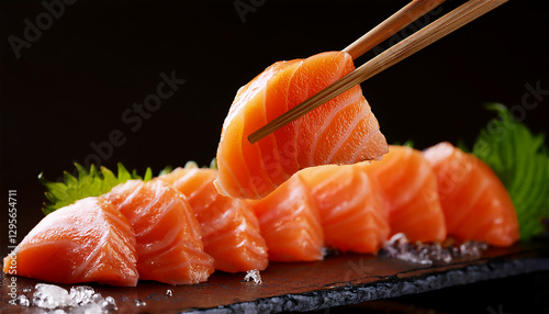 The image of fresh salmon sashimi caught with chopsticks