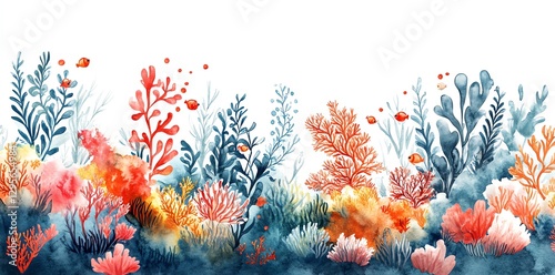 Colorful Watercolor Coral Reef with Fish Illustration on White Background