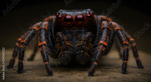 Macro Portrait of Jumping Spider with Orange Markings and Dark Background