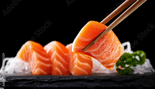 The image of fresh salmon sashimi caught with chopsticks