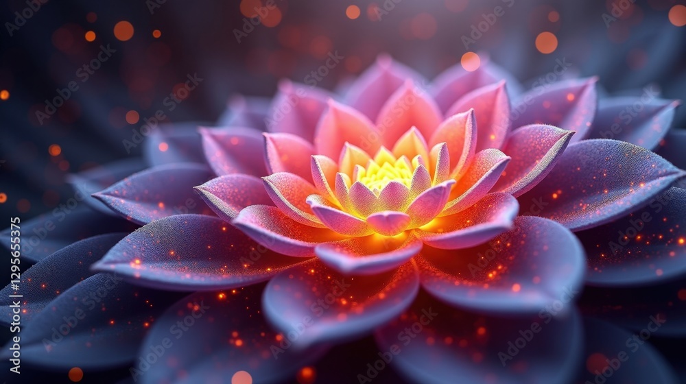 Fototapeta premium A mesmerizing display of fractal petals glowing with spectral light, abstract waveforms rippling through space, particles dissolving into pure color