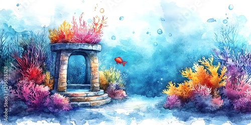 Underwater Watercolor Scene with Coral, Fish, and Stone Archway Art