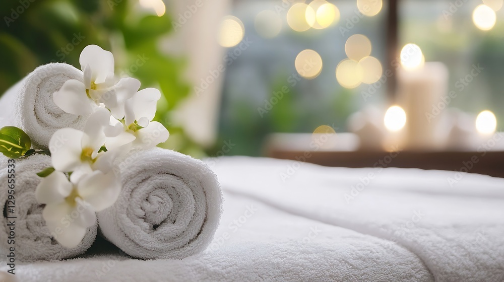 Elegant Spa Setting Featuring Soft Towels and White Flowers for a Luxurious Relaxation Experience : Generative AI Elegant Spa Setting Featuring Soft Towels and White Flowers for a Luxurious Relaxation Experience : Generative AI