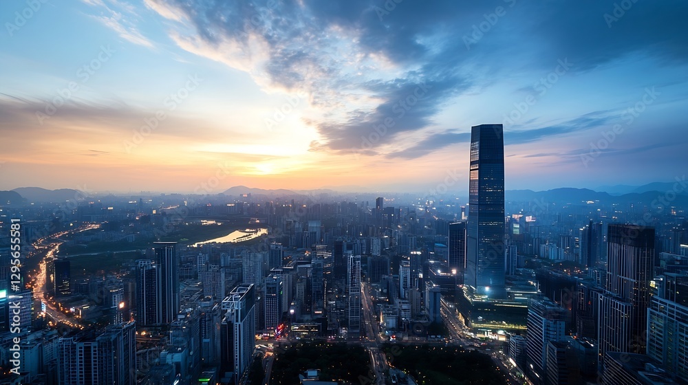 Obraz premium Stunning cityscape view at sunset with skyscrapers, vibrant skies and urban landscape : Generative AI