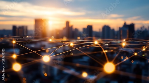 Urban skyline with glowing connections representing digital networks during sunset : Generative AI