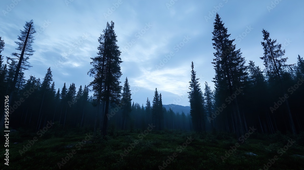Mysterious Dark Coniferous Forest Under a Dim Blue Sky During Twilight Hours : Generative AI Mysterious Dark Coniferous Forest Under a Dim Blue Sky During Twilight Hours : Generative AI