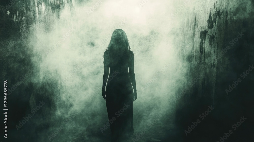 Fototapeta premium Mysterious female figure in fog walk ominous corridor. Evil woman silhouette. Soft smoke, haunting atmosphere. Horror thriller. Eerie scary ghost. Concept of revenge.