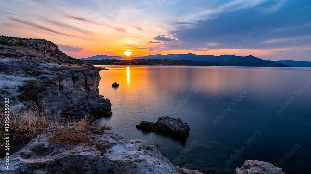 Breathtaking Rocky Coastline at Sunset Over Calm Ocean Waters : Generative AI Breathtaking Rocky Coastline at Sunset Over Calm Ocean Waters : Generative AI