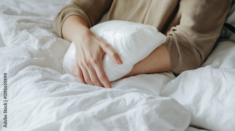 A person with an elbow injury applying an ice pack in a minimalist bedroom. Featuring pain relief and comfort A person with an elbow injury applying an ice pack in a minimalist bedroom. Featuring pain relief and comfort