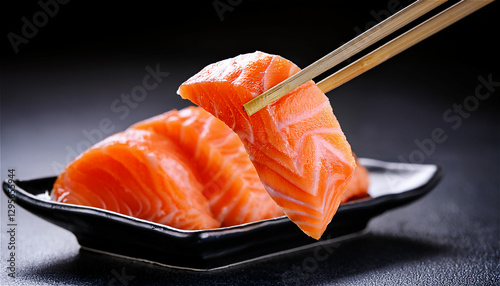 The image of fresh salmon sashimi caught with chopsticks